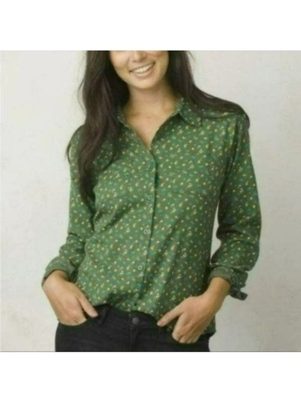 Prana Salina Women's Extra Small Green Floral Long Sleeve Button Up Shirt